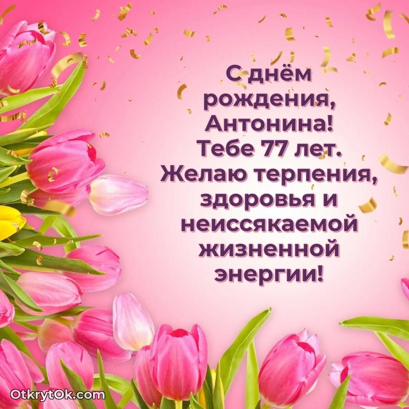 Прикольная гифка Современная открытка поздравление Антонине с Днем Рождения на 77 лет